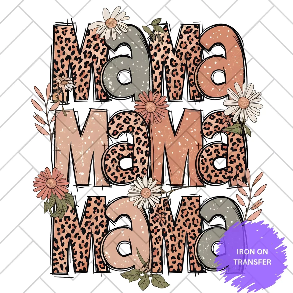 Boho Leopard Print “Mama” Floral Iron-On Transfer - Image 1 of 1