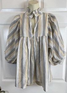 Never A Wallflower Striped Metallic Lurex Blouse Balloon Sleeve High Neck Boho L - Picture 1 of 9