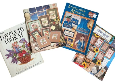 4 Cross Stitch Leaflets Sunflower Country Button Samplers Flowers Baskets Birds - Image 1 of 4