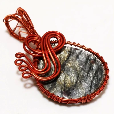 Ciondolo gioiello in rame con filo di ossidiana argento fatto a mano 2,20"... - Immagine 1 di 4