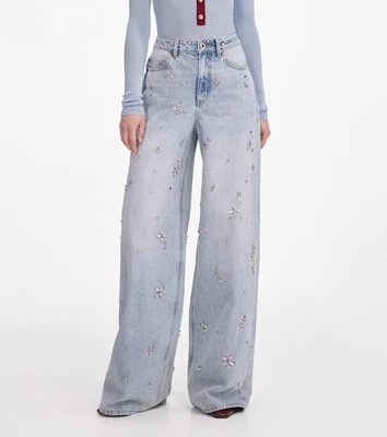 Женские джинсы с автопортретом со стразами приталенные джинсовые брюки - Изображение 1 из 4