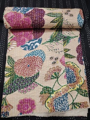 Indian Bedspread handmade Cotton kantha Quilt beige Fool Print King Size Blanket - Image 1 of 4