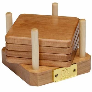 Fancy Cherry Edge Grain Luxury Wood Coasters, Set 4 and Base Made in USA - Picture 1 of 6