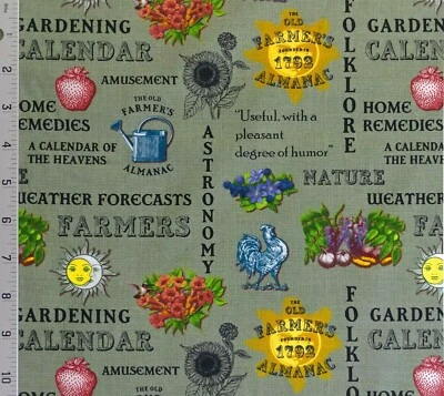 Tela de algodón Sykel Old Farmers Almanaque verde oliva folclore astronomía jardín Foto 1 de 2