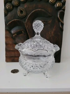 Vintage Candy Dish Crystal Scalloped Edge 3-Legged Lidded Diamond Pattern - Picture 1 of 8