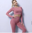 Yoga Set Size Large Women Pink Seamless High Waisted Leggings Crop Shirt New