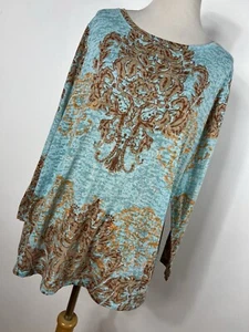 INC International Concepts 1X Shirt Top Blue Tan Boho Embellished Lightweight H5 - Picture 1 of 6