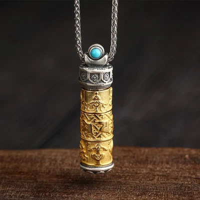 Colgante Cilindro Vintage Plata y Oro Hombres Tibetano Seis Sílabas Amuleto Turquesa Foto 1 de 4
