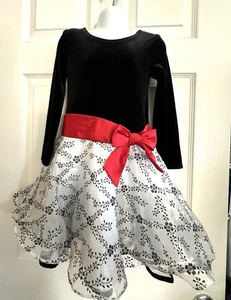Bonnie Jean Girls Velvet Holiday Black White Red Bow Sash Dress Size 5 - Picture 1 of 6