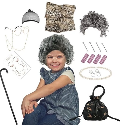 Old Lady Costume Wig for Girls, Halloween Granny Wig Dress Up 19 Set - Image 1 of 4