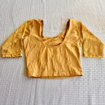 Mustard Yellow Choli Blouse Crop Top w/ Lace Sleeves • Bollywood Saree Top - Image 1 of 4