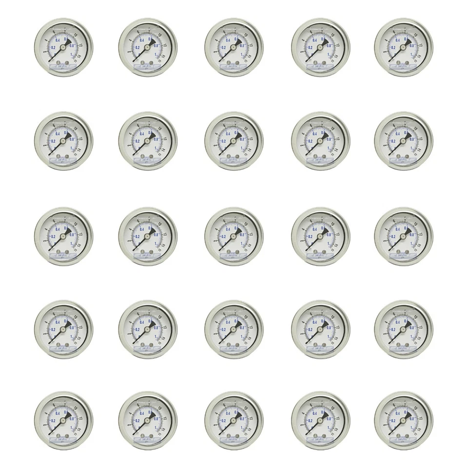 25 PACK LIQUID FILLED PRESSURE GAUGE 0-15 PSI, 1.5" FACE, 1/8" NPT BACK MOUNT - Image 1 of 3