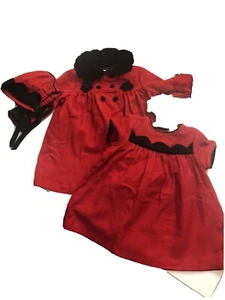 Little Bitty Red Black Velvet Trim Holiday Christmas 3pc Dress Hat Coat New 12m - Picture 1 of 10