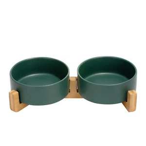 Ceramic Dog and Cat Bowl with Wood Stand Non-Slip Matte Glaze Food Water Set - Picture 1 of 46