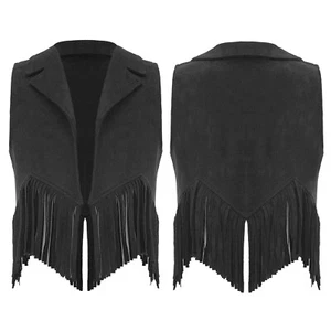 Boys Girls Western Cowboy Costume Suede Open Front Tassels Fringe Cowgirl Vest - Picture 1 of 24