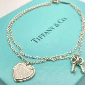 Tiffany & Co. Return to Heart LOVE Key Double Chain Bracelet 7 1/4" Silver 4.1g - Picture 1 of 18