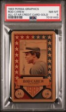1983 PERMA-GRAPHICS ROD CAREW PSA 8 NM-MINT ALL STAR CREDIT CARD GOLD ANGELS HOF