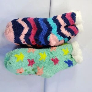 Lot of 2 Girls Sherpa Lined Cozy Stars & Stripes Mid Calf Slipper Socks sz: 7-3 - Picture 1 of 3