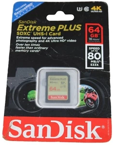 SanDisk Extreme Plus 64GB SDXC UHS-I Card 80MB/s Class 10 4K Ultra HD New Sealed - Picture 1 of 2