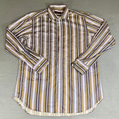 Men's Etro Milano  Shirt Purple Green Pink Stripe Paisley Weave Italy Size 44 - Image 1 of 4