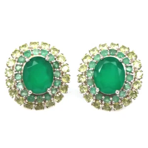 925 Plata de Ley 10 x 12 Mm. Ágata Verde , Esmeralda & Peridoto Pendientes - Imagen 1 de 4