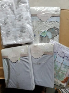 5pc Baby Nursery Room Elephant Valance, Sheet Swaddling Blanket Lot Blue Gray - Picture 1 of 11