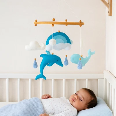 Cuna móvil de fieltro para bebé delfín Ocean hecha a mano regalo para niño Foto 1 de 4