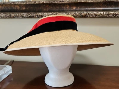 60s Vintage Straw Hat Women's Wide Brim Red Black Ribbons Summer Sun Bonnet  - Image 1 of 4