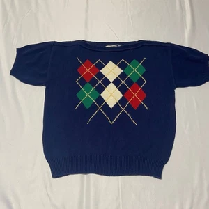  John Meyer Argyle Pullover dunkelblau kurzarm Vintage Gr. L siehe Maße - Bild 1 von 7
