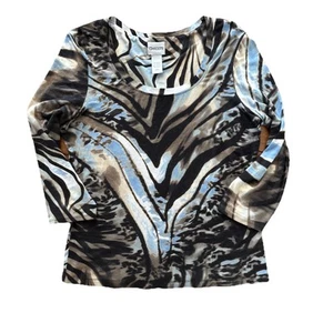 Chico’s 1 Tiger Print Top 3/4 Sleeve Stretch Colorful Blues & Brown - Picture 1 of 5