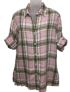 Jones New York Button up Shirt Women's Sz M Linen Collar Plaid Roll Tab Long Sl - Picture 1 of 19
