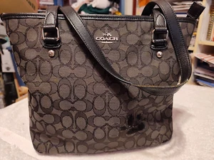 Coach Signature Shoulder Bag Purse Black Brown Canvas Leather 13"x 10" x 4" - Picture 1 of 8