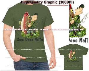 Man With Big Bass Fish Size Does Matter Fishing Cartoon Military Green T Shirt - Picture 1 of 5