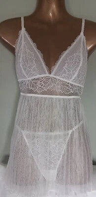 Babydoll Non Padded NightDress Chiffon Lingerie Camisole Thong Set Ivory Primark - Image 1 of 4
