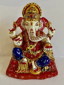 Indian Handmade Singhasan Lord Ganesh Ganesha Ganpati Figurine 6” - Foto 1 di 2