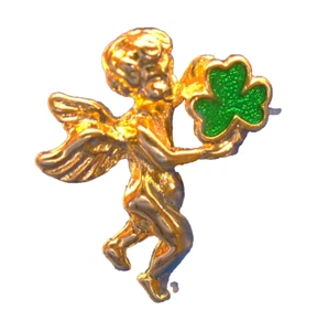 Nina Ricci PIN St Patrick Vintage ANGEL Cherub with Glitter SHAMROCK TAC Irish - Picture 1 of 2