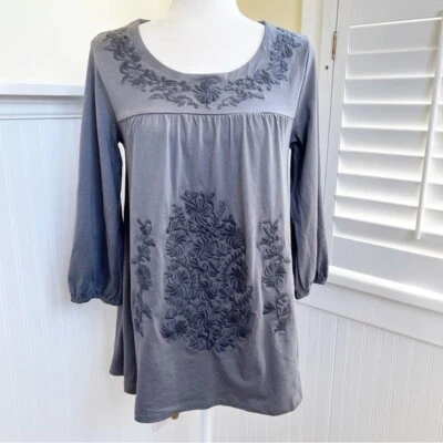 Garnet Hill 20614 Gray on Gray Monochromatic Folkloric Embroidered Top Small - Image 1 of 4