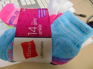 Hanes Ultimate Girls Sz S 6-10.5 Multicolored Cushion Ankle Socks 14 Pair Pack - Picture 1 of 4