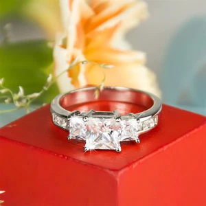 Womens 1.5 Carat CT 3 Stone Bridal Engagement Ring Princess Cut Sterling Silver - Picture 1 of 6