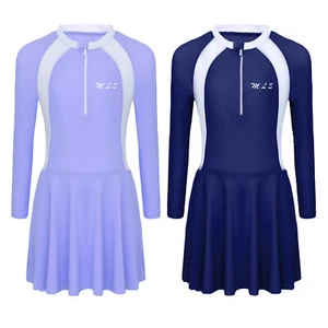 Kids Girls Swimsuit Swimwear Rash Guard Zip Up Swim Dress UPF 50+ Swimming - Picture 1 of 26