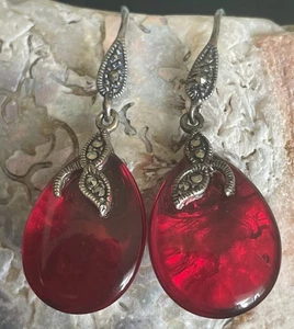 Vintage Sterling Silver Marcasite Drop Red Stone Glass Earrings - Picture 1 of 7