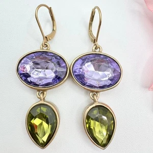 Anne Klein Purple Green Glass Stone Dangle Earrings Signed AK Matte Gold Tone - Picture 1 of 9