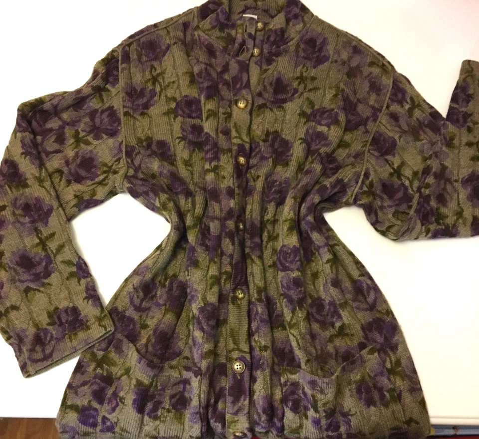 Vintage 80s Ungaro Italian Knit Button Front Cardigan Beautiful Floral Roses (2) - Image 1 of 4