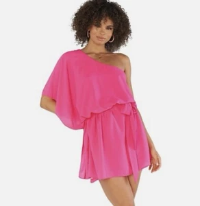 SHOW ME YOUR MUMU Trish Mini Dress One Shoulder Neon Pink Boho Size Medium - Picture 1 of 12