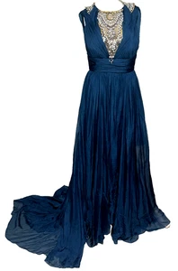 Monique Lhuillier Collection Runway Crystal Embroidered Blue Long Gown Dress 8 - Picture 1 of 5