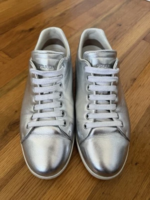 PRADA Milano Leather Slip On Sneakers Women’s Size 40 5 Silver Metallic - Image 1 of 4