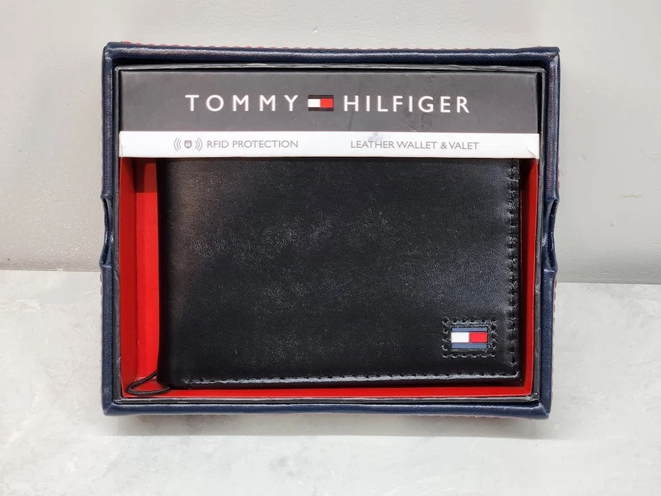 Новый в коробке Tommy Hilfiger мужской черный кожаный бумажник с 6 кредитных карт карманы и... - Изображение 1 из 4