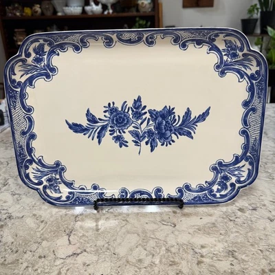 Tiffany Delft Serving Tray Blue White Floral Porcelain Portugal 1994 - Image 1 of 4