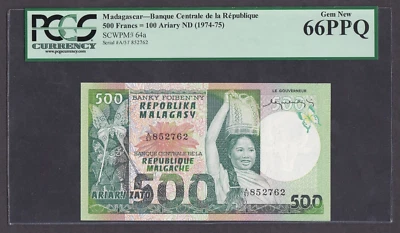 [PCGS-66 PPQ] 1974 Madagascar 500 Francs = 100 Ariary P-64a A/57-852762 - Image 1 of 2