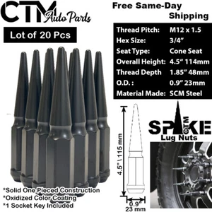 20Pc 4.5" TALL BLACK M12x1.5 SOLID SPIKE LUG NUT+KEY FIT BUICK CADILLAC DODGE - Picture 1 of 2